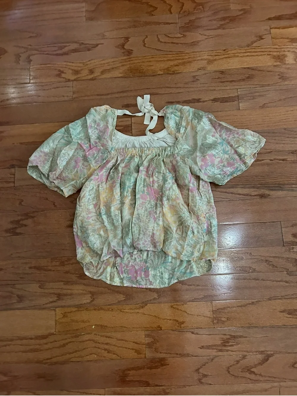 LOFT Metallic Floral Puff Sleeve Peasant Blouse Top Medium Cottagecore Romantic